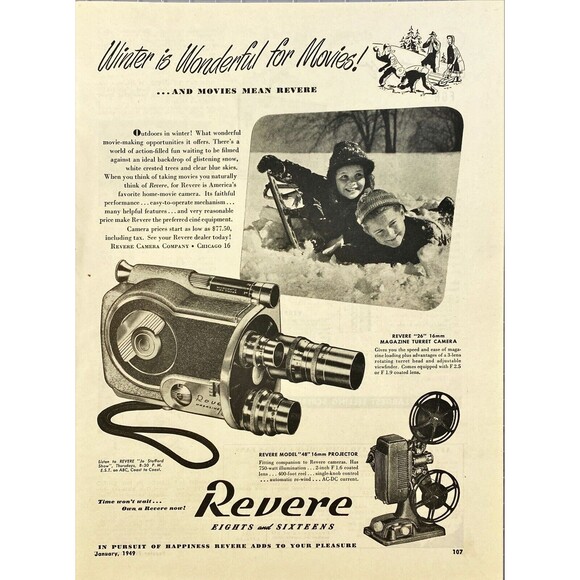 Revere Camera and Projector "Winter is Wonderful for Movies!" Vtg Print Ad 1949 - Picture 1 of 3
